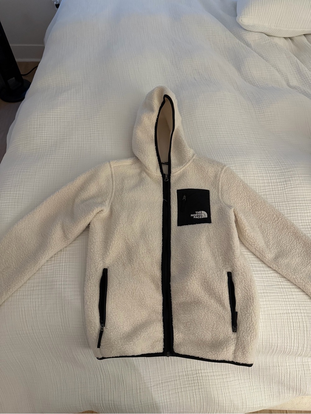The North Face Cream Fleece Hooded Jacket with Black Trim